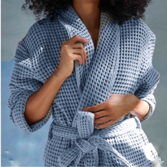 Brooklinen 100% Turkish Cotton Dreamweave Waffle Robe Ocean Blue Large - Picture 2 of 10